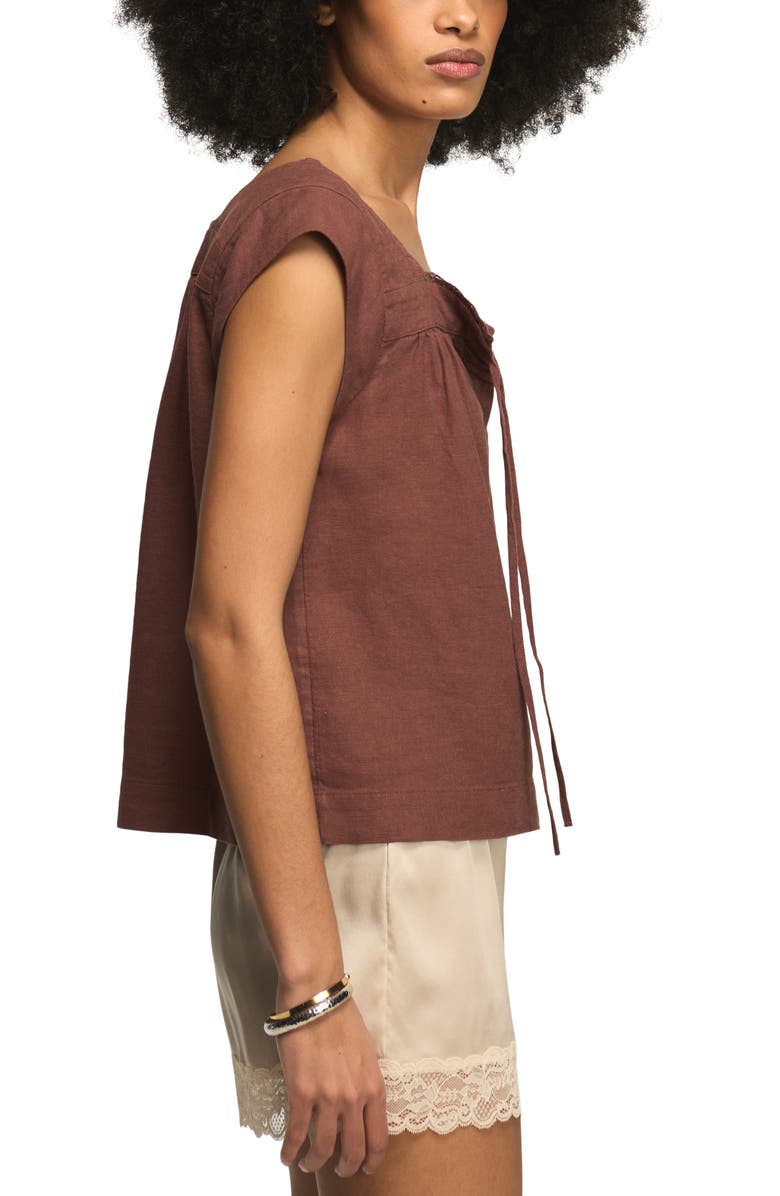 Lucky Brand Lace Trim Tie Neck Linen Blend Top, Alternate, color, Marron