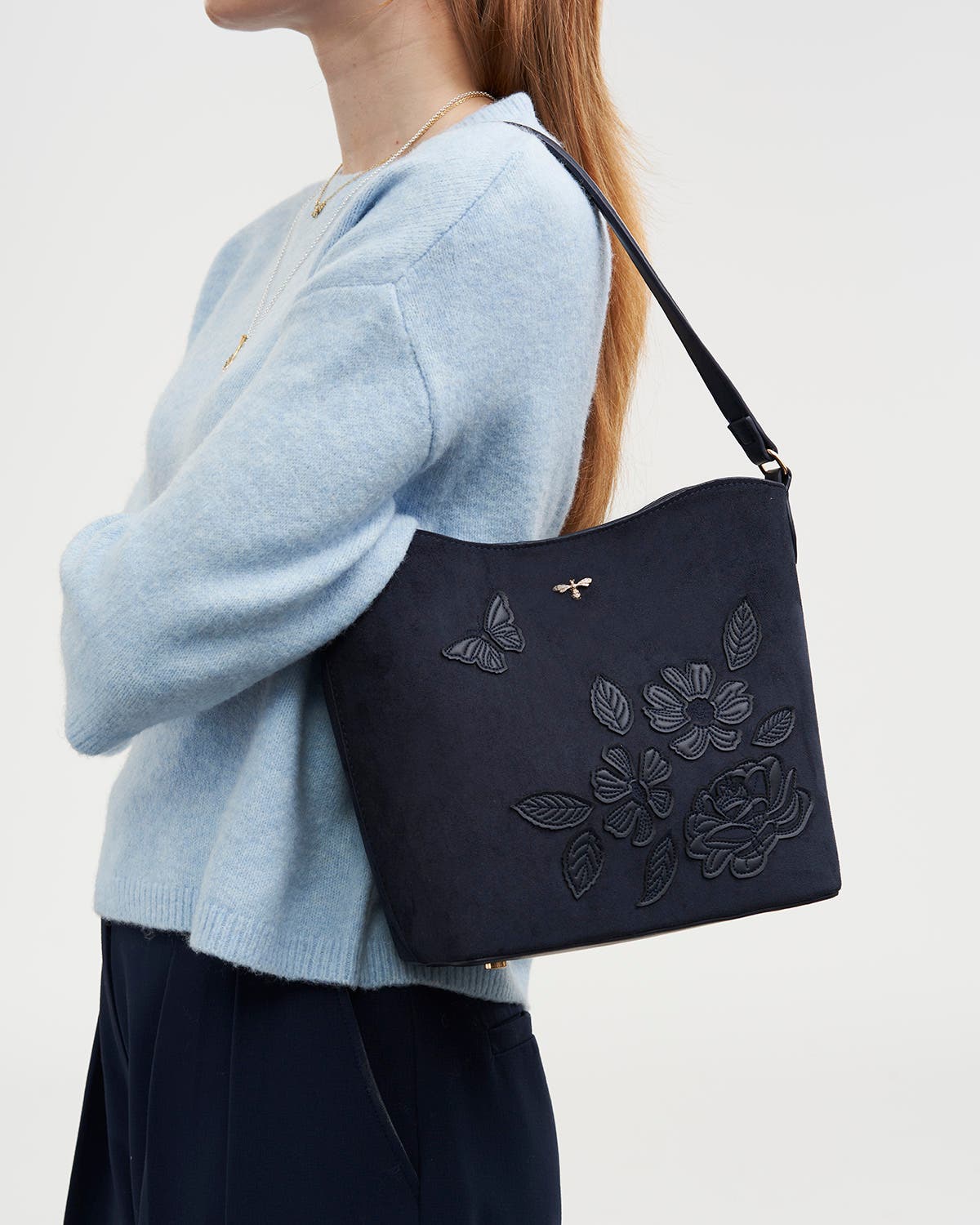 Margot Floral Applique Faux Suede Bucket Purse, Alternate, color, Navy