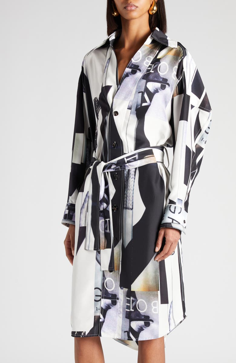 Bottega Veneta Print Long Sleeve Silk Shirtdress, Alternate, color, 9060 Chalk/ Black
