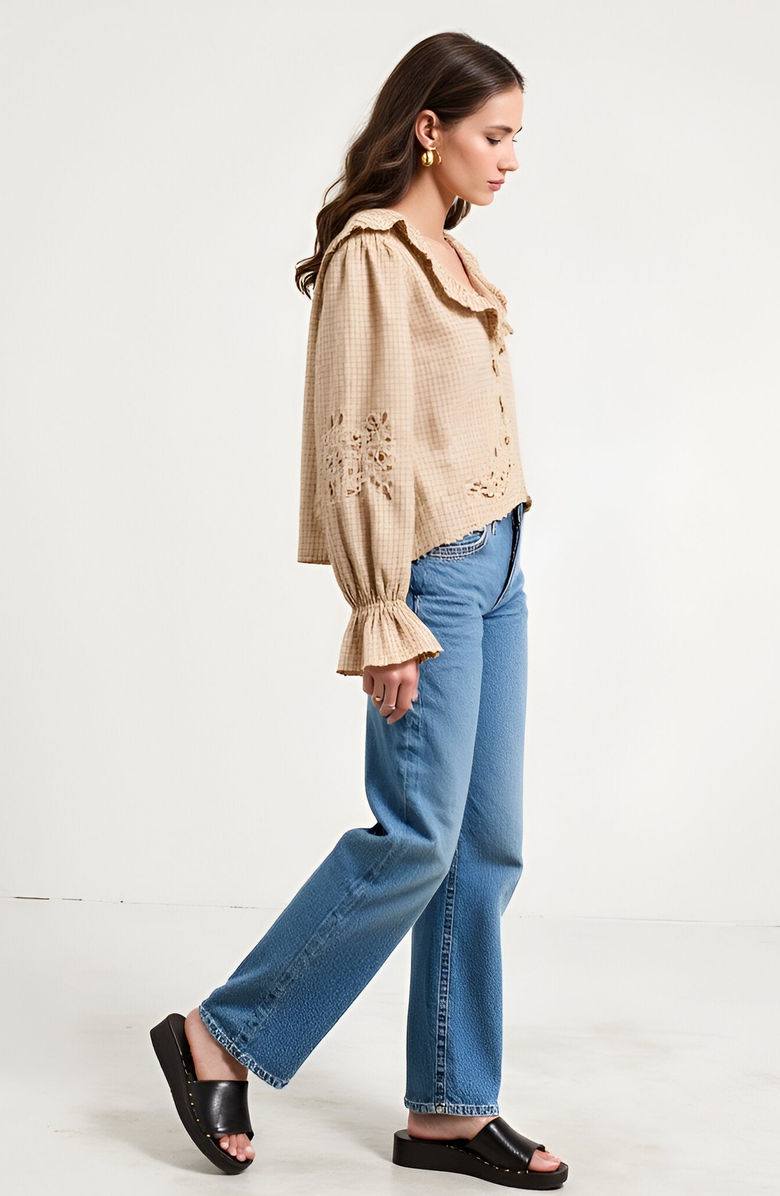 Modenaire Embroidered Scallop Trim Ruffle Collar Long Sleeve Blouse, Alternate, color, Beige