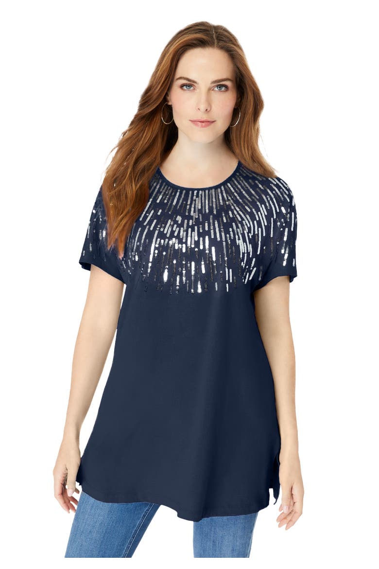 Embellished Tunic With Side Slits, Main, color, NAVY SEQUIN BURST