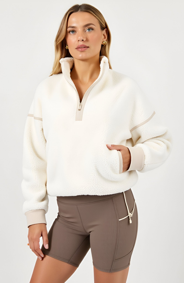 Modenaire Plush Quarter-Zip Pullover with High Collar and Ribbed Hem, Main, color, 