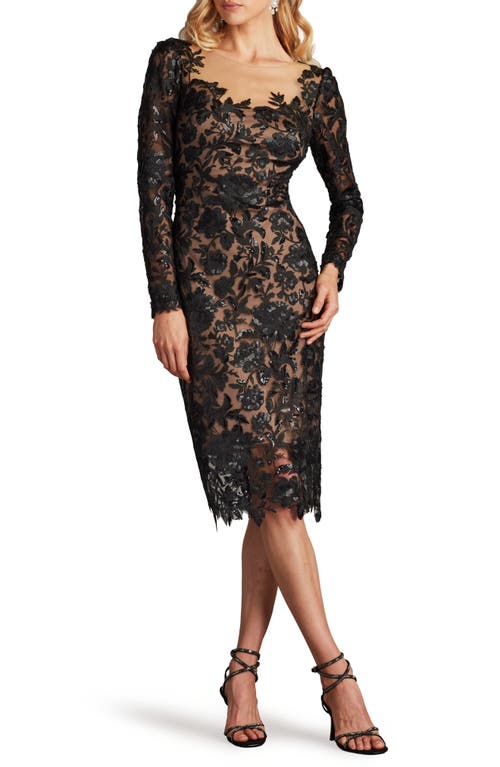 Tadashi Shoji Senoia Sequin Embroidered Illusion Dress In Black/nude
