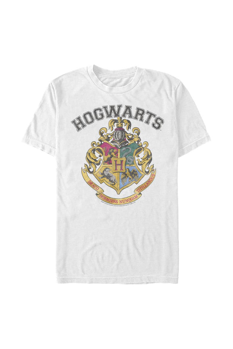 Men's Distressed Collegiate Hogwarts Crest Short Sleeve Graphic T-Shirt, Alternate, color, White