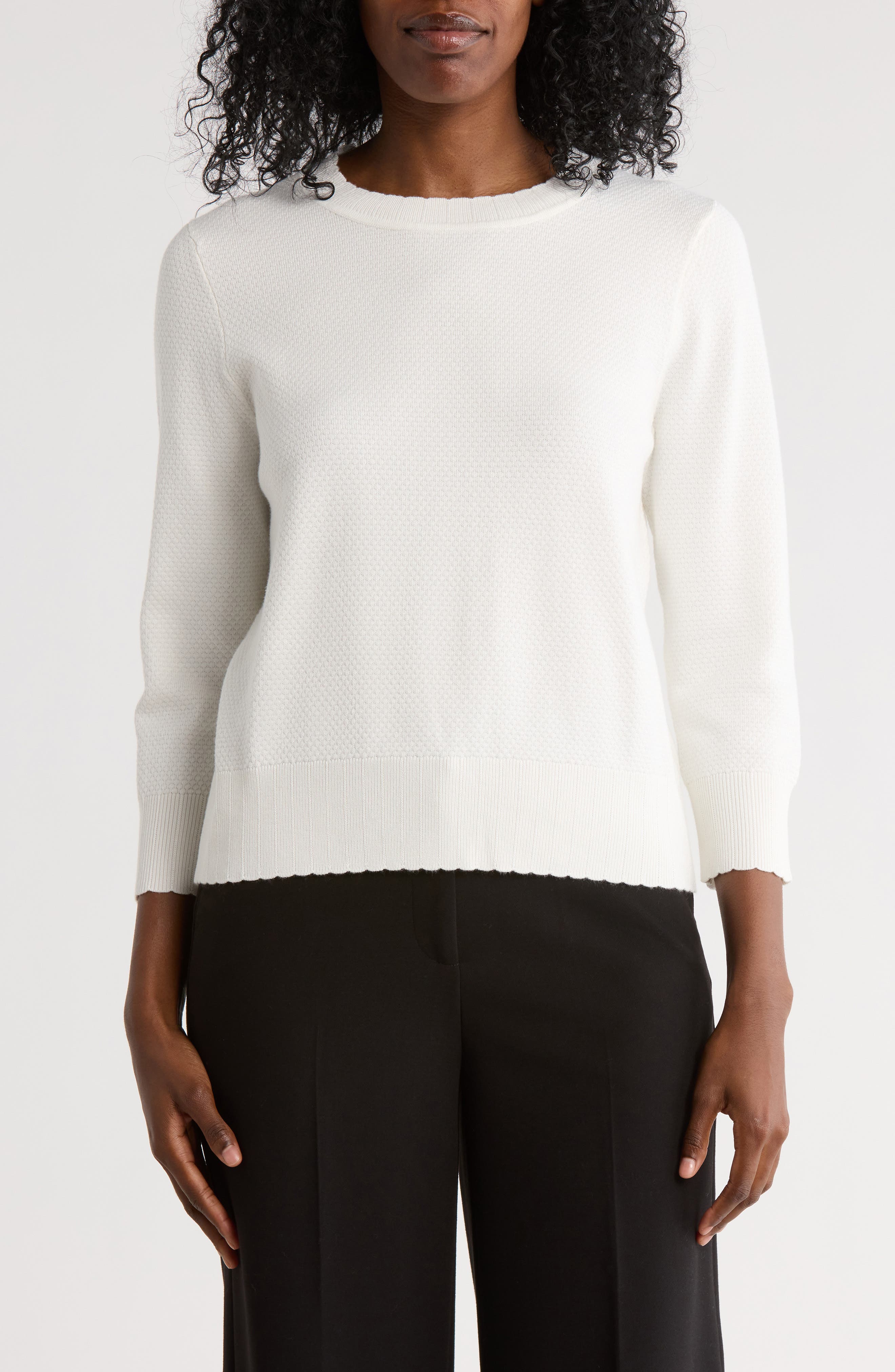 Adrianna Papell Scalloped Three-Quarter Sleeve Sweater