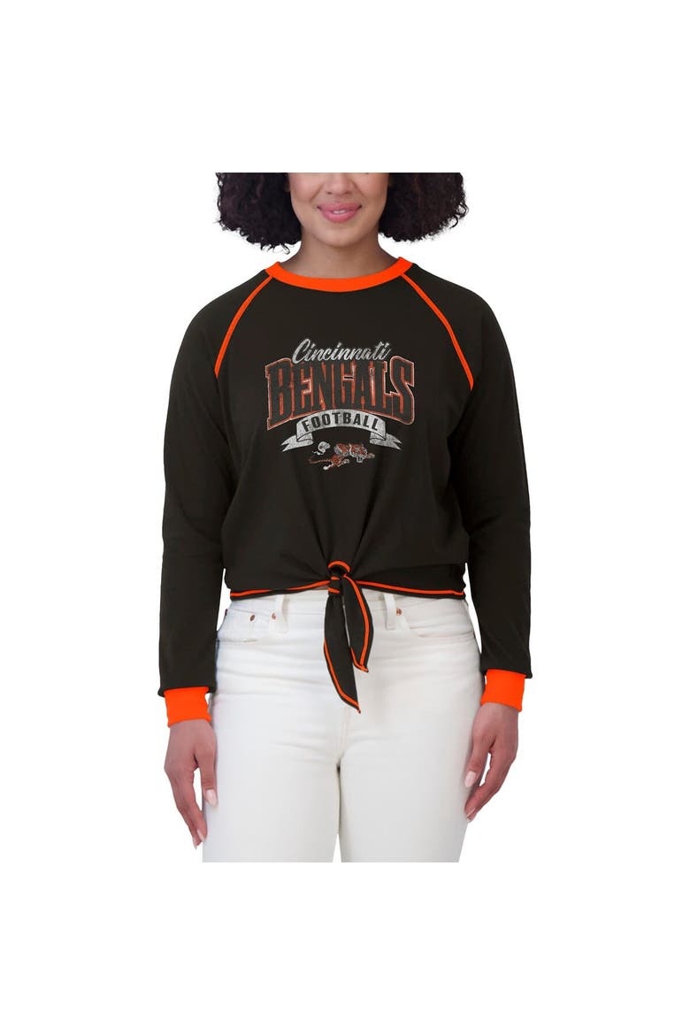 Women's WEAR by Erin Andrews Black/Orange Cincinnati Bengals Tie-Front Long Sleeve Top, Alternate, color, Black