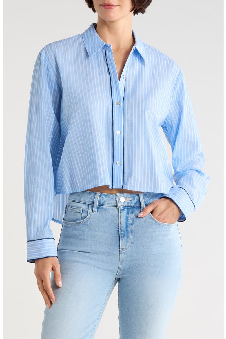 Cosette Stripe High-Low Cotton Crop Button -Up Shirt, Main, color, SLATE BLUE/IVORY STRIPE