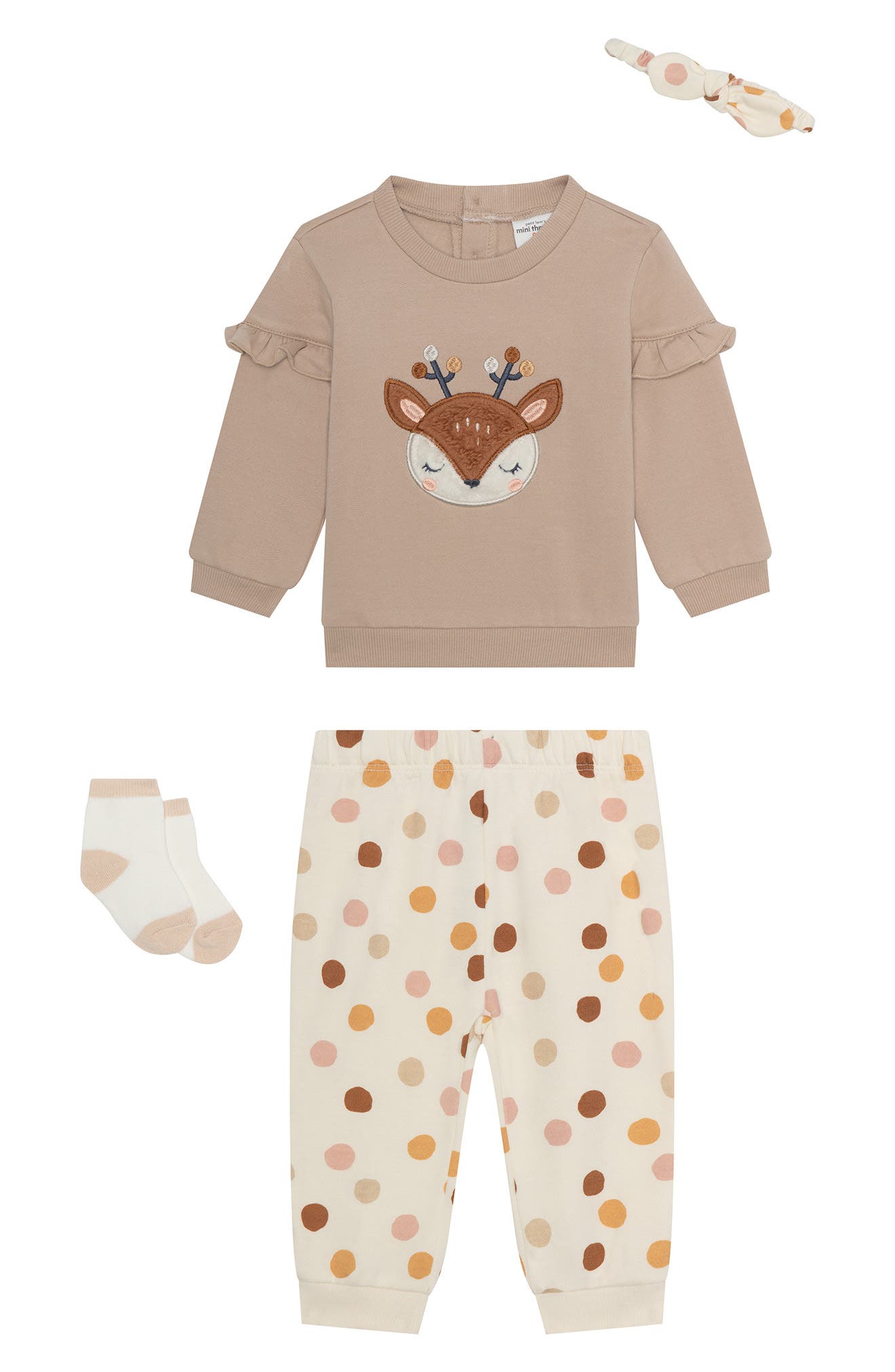 PL Baby by Petit Lem Appliqué Ruffle Sweatshirt, Joggers, Socks & Headband Set