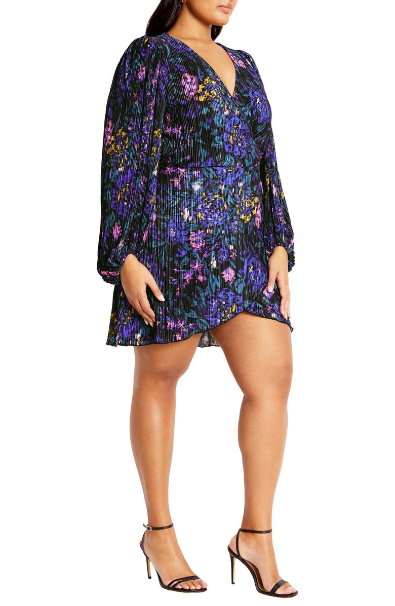 City Chic Kira Floral Print Long Sleeve Plissé Faux Wrap Dress, Alternate, color, 