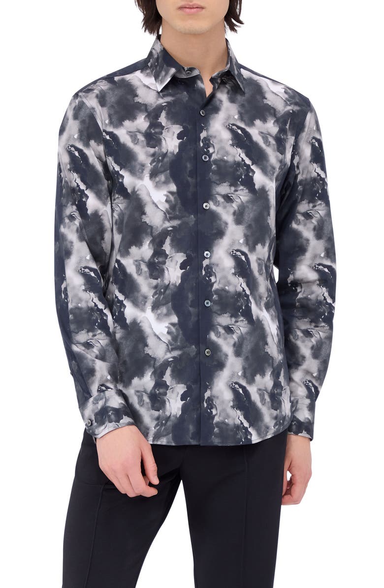 green emerald velvet dress Bugatchi Men's Alvin Shaped Fit Geo Print Button-Up Shirt - Gray main image 1
