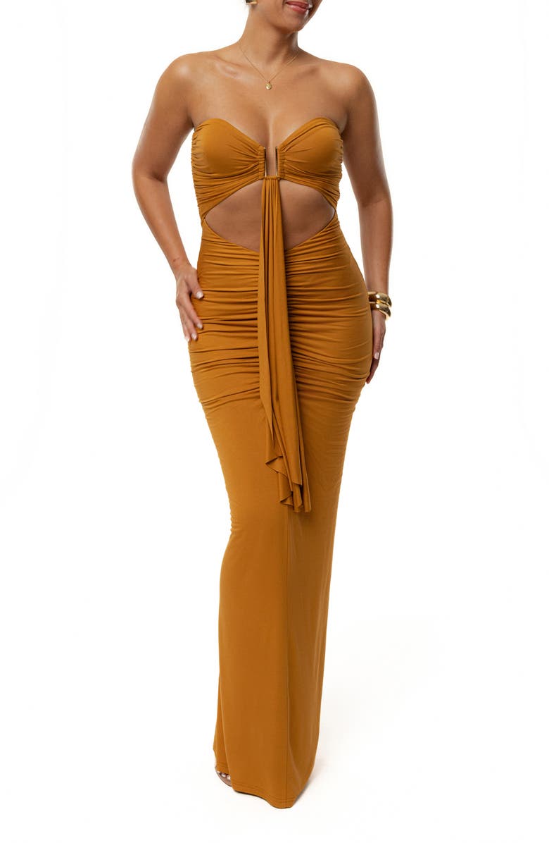 JLUXLABEL Drape Cutout Strapless Body-Con Maxi Cocktail Dress, Main, color, Brown