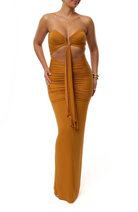 Drape Cutout Strapless Body-Con Maxi Cocktail Dress