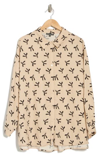 Shop Adrianna Papell Bow Print Button-up Shirt In Champ Blush/bl Classic Bow