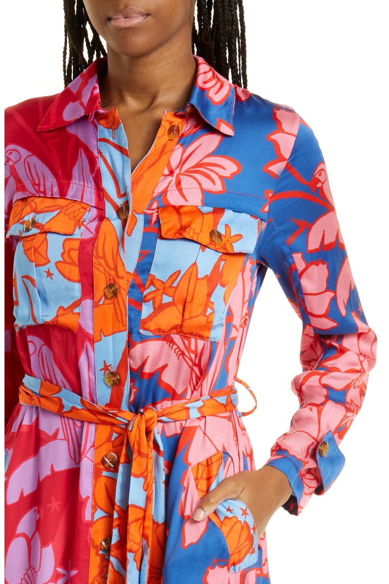 Floral Print Tie Waist Long Sleeve Midi Dress, Alternate, color, PINK