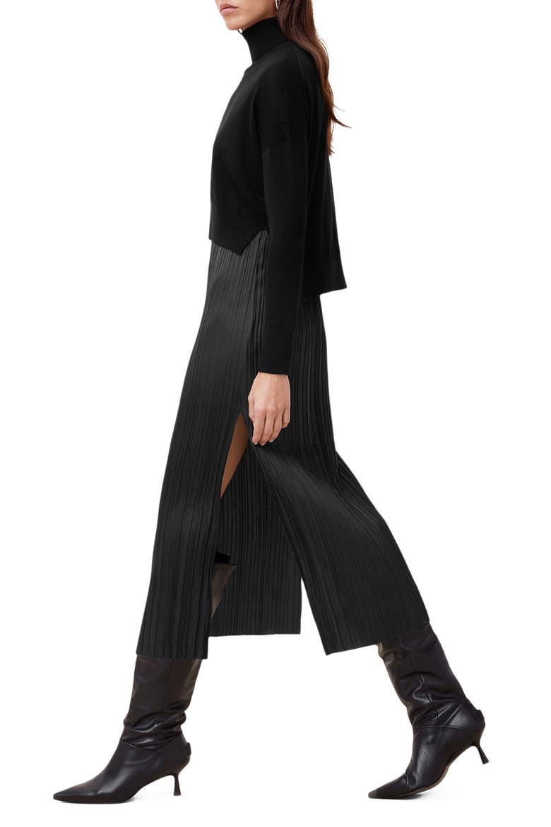 Vittoria Merino Wool High-Low Sweater & Micropleat Midi Dress Set, Alternate, color, BLACK