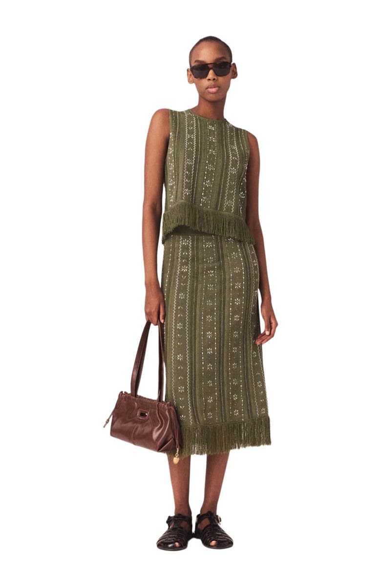 maje Knit skirt with rhinestone flowers, Main, color, Khaki