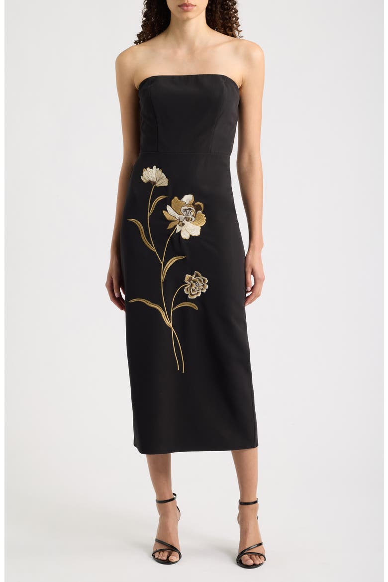 Embroidered Placed Floral Strapless Dress, Main, color, BLACK