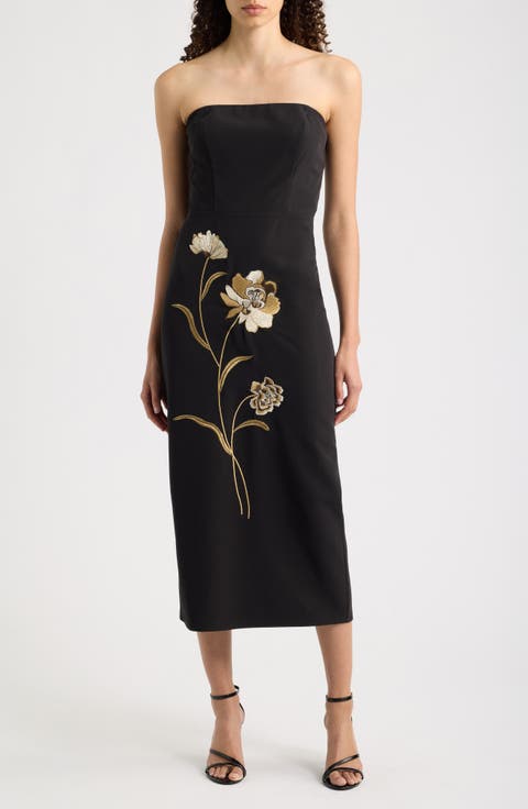 Embroidered Placed Floral Strapless Dress