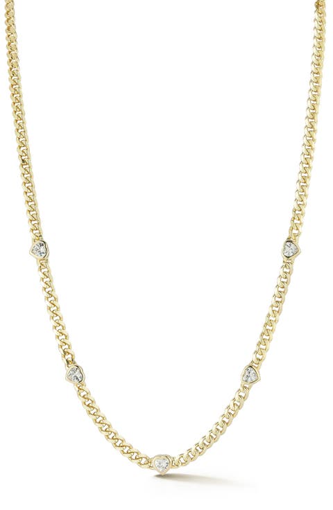 Cubic Zirconia Heart Station Curb Chain Necklace