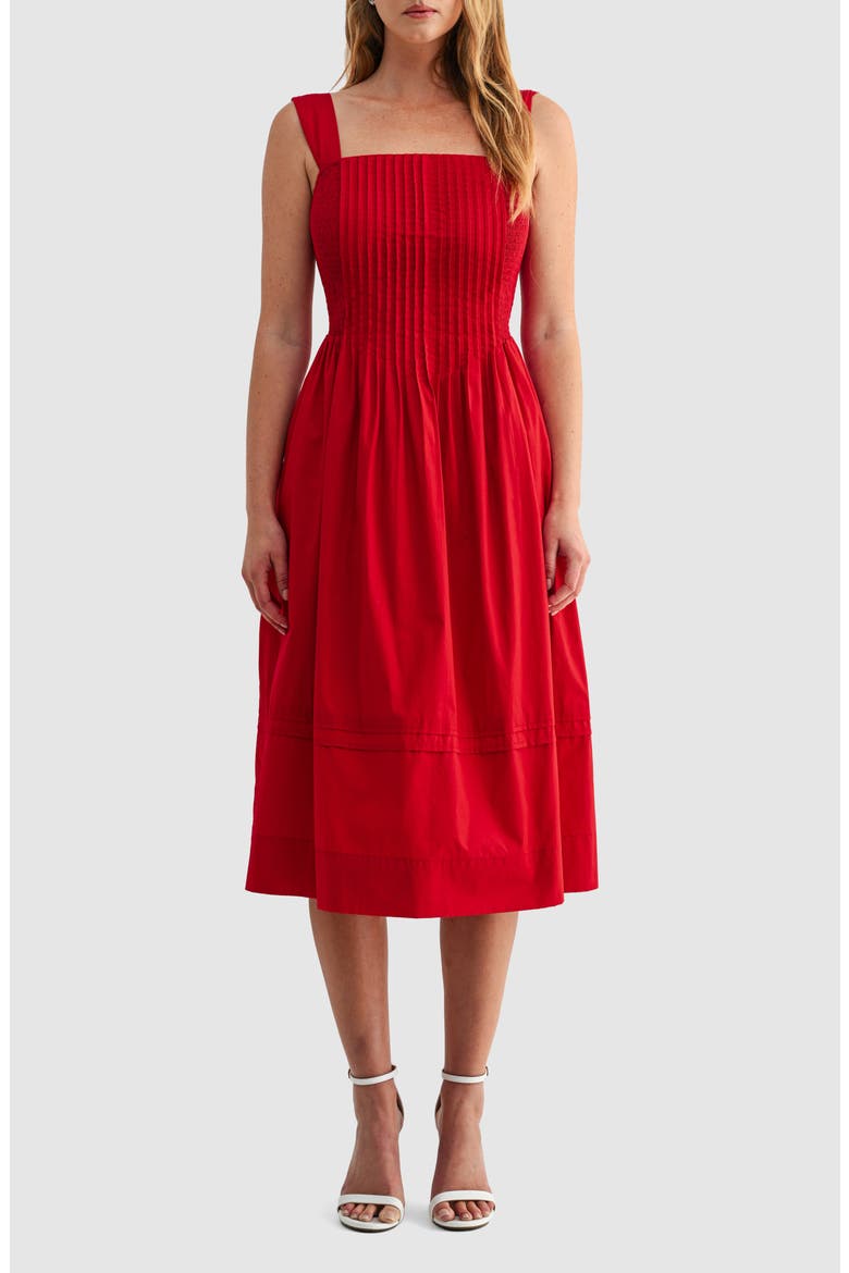 Pleat Bodice Cotton Midi Dress, Main, color, RED
