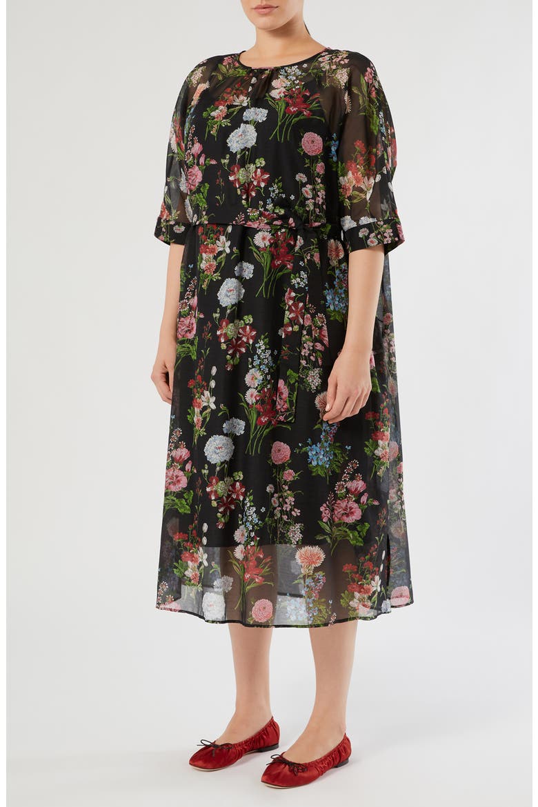 Kaki Floral Print Voile Midi Dress, Main, color, BLACK