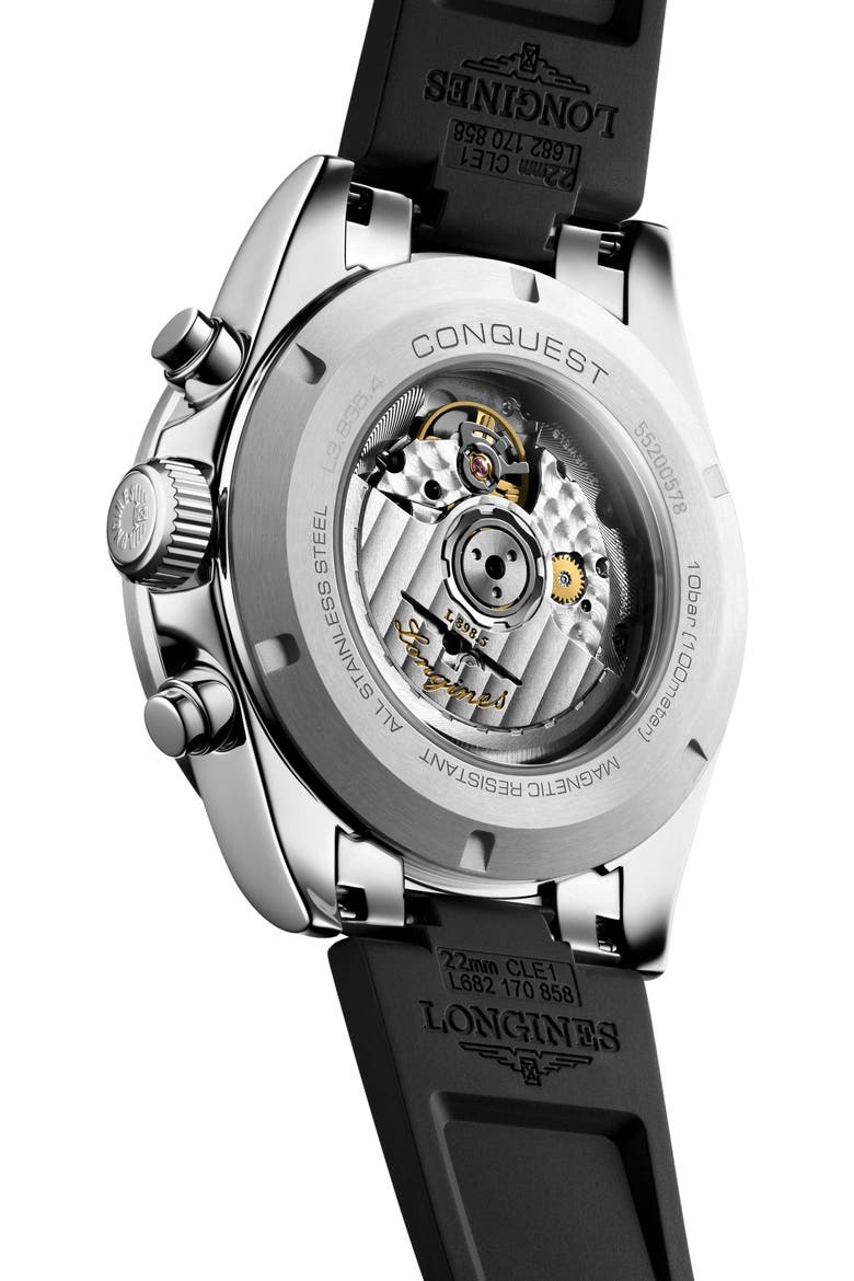 Conquest Automatic Chronograph Rubber Strap Watch, 42mm, Alternate, color, CHAMPAGNE