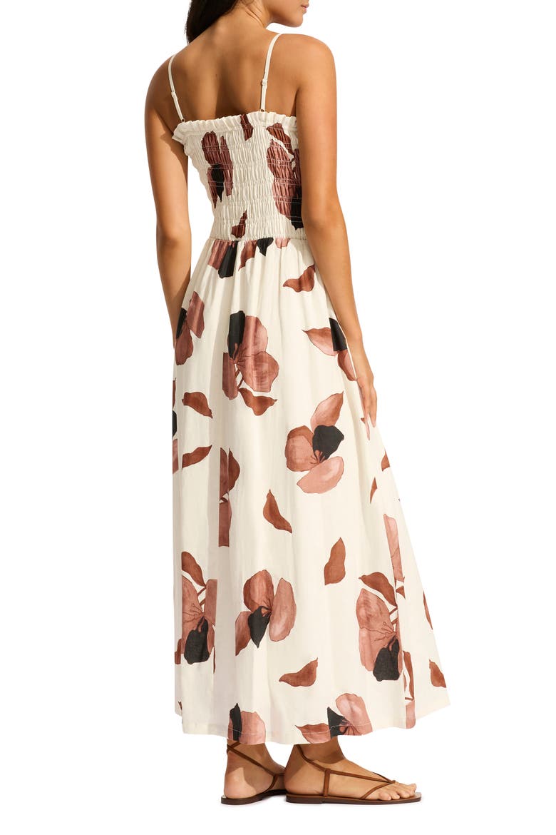 Secret Garden Shirred Cover-Up Midi Sundress, Alternate, color, IVORY MULTI