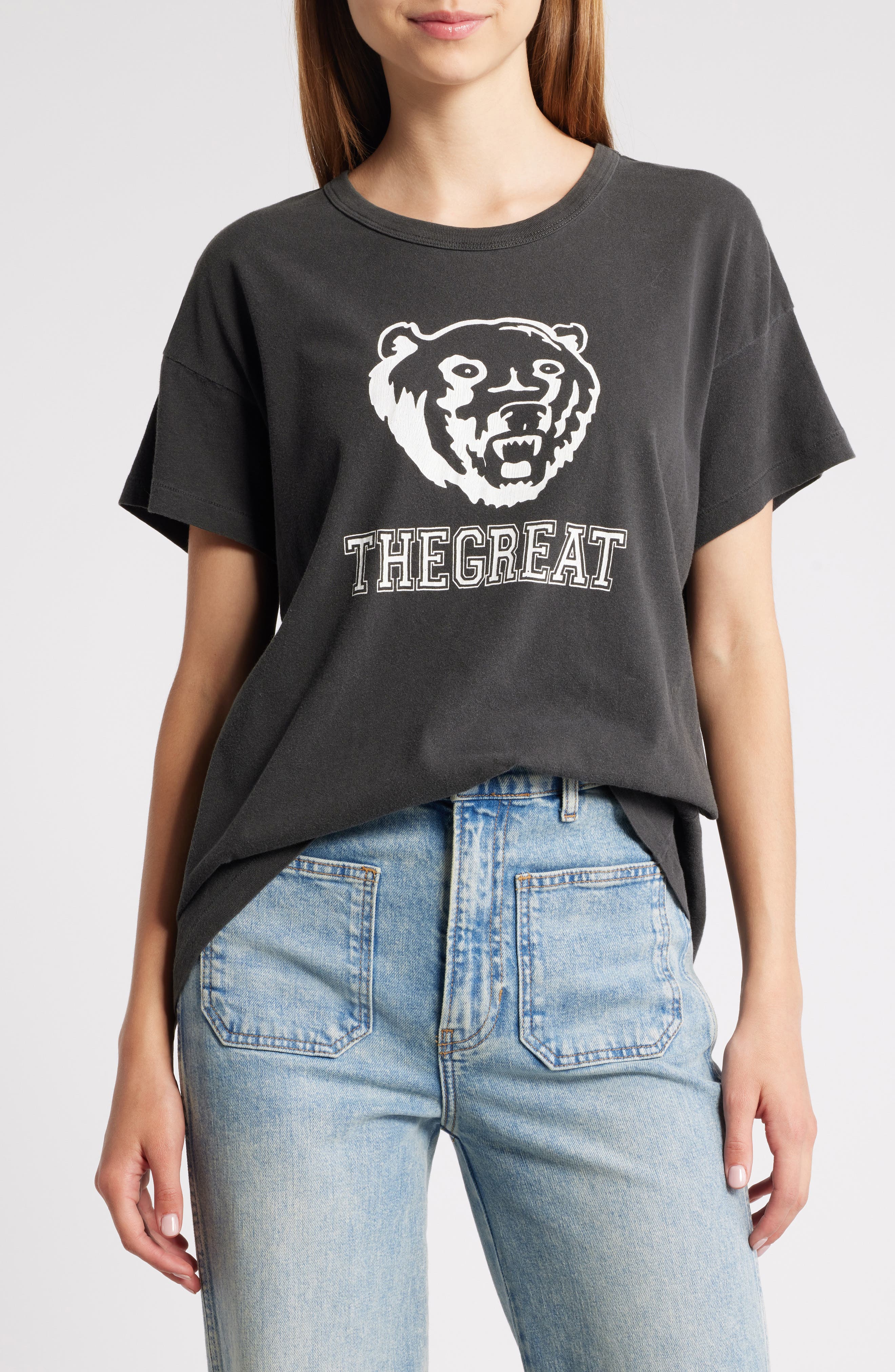 THE GREAT. The Boxy Bear Cotton Graphic T-Shirt in Washed Black 
