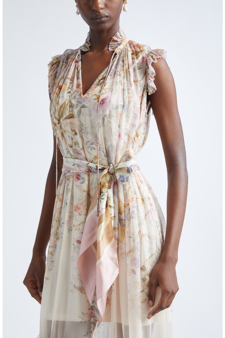 Rebellion Flutter Floral Chiffon Midi Dress, Alternate, color, CREAM AVIARY