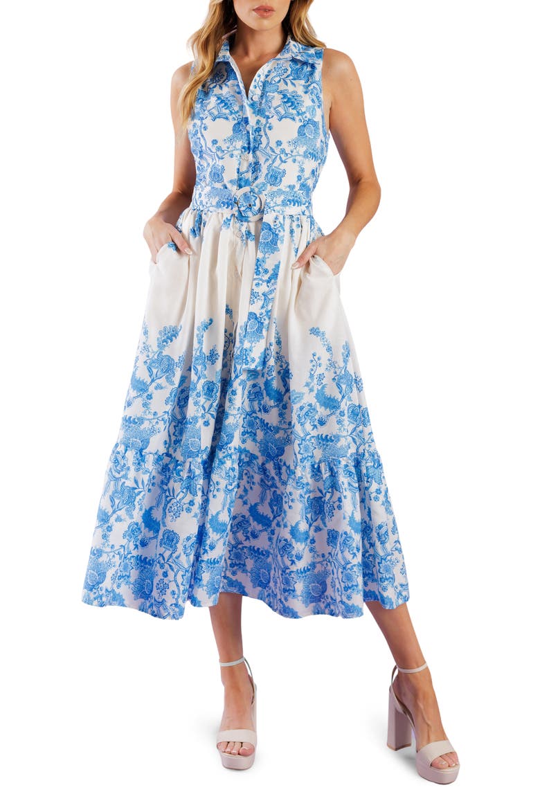 Floral Sleeveless Belted Shirtdress, Main, color, IVORY BLUE