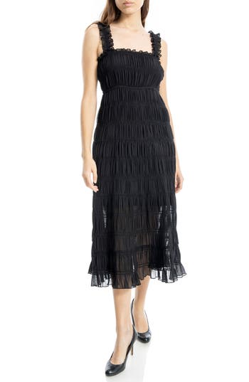 Max Studio Ruffle Shirred Georgette Midi Dress In Black