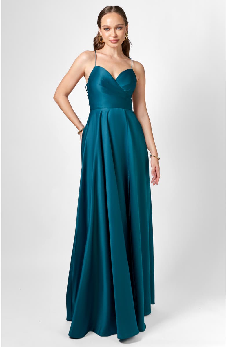 Bariano Hanna Open Back A-Line Gown, Main, color, Emerald
