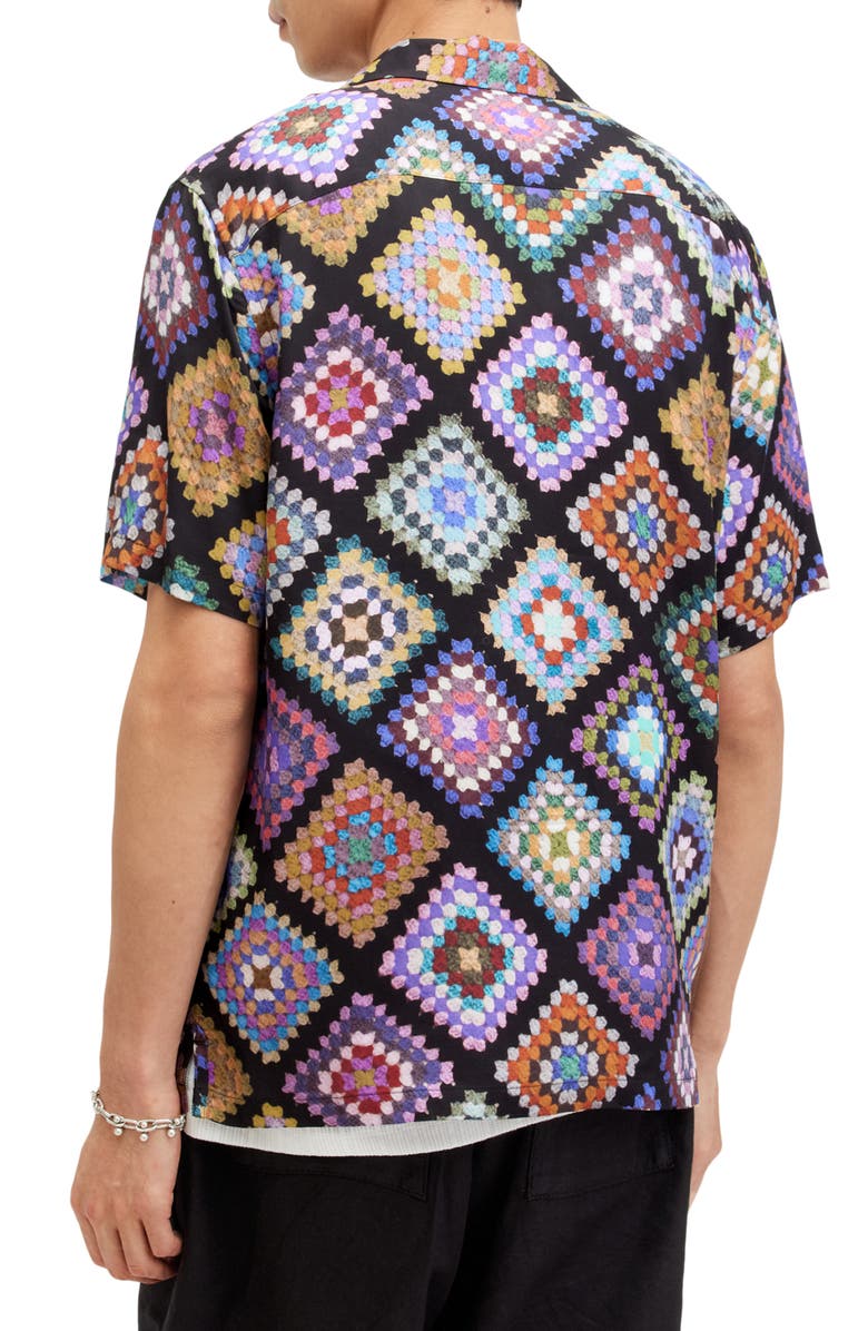 AllSaints Tunar Relaxed Fit Crochet Print Camp Shirt, Alternate, color, Jet Black