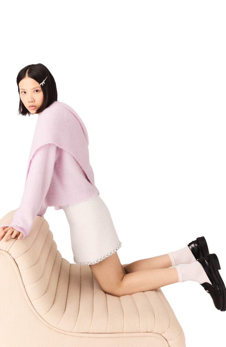 maje Pearl-trim tweed skirt, Alternate, color, Ecru