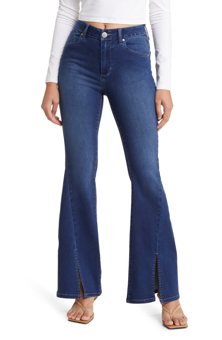 1822 Denim High Waist Slit Hem Flare Jeans, Main, color, 