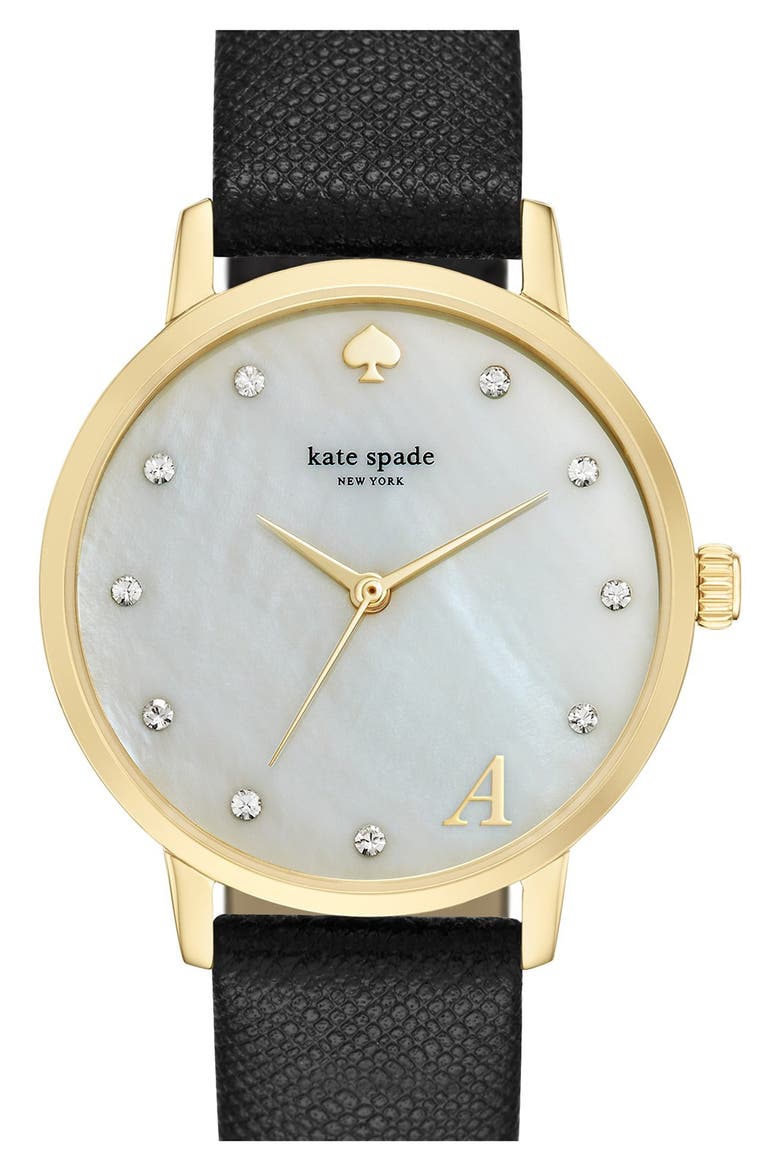 'metro - monogram' leather strap watch, 34mm, Main, color, BLACK A