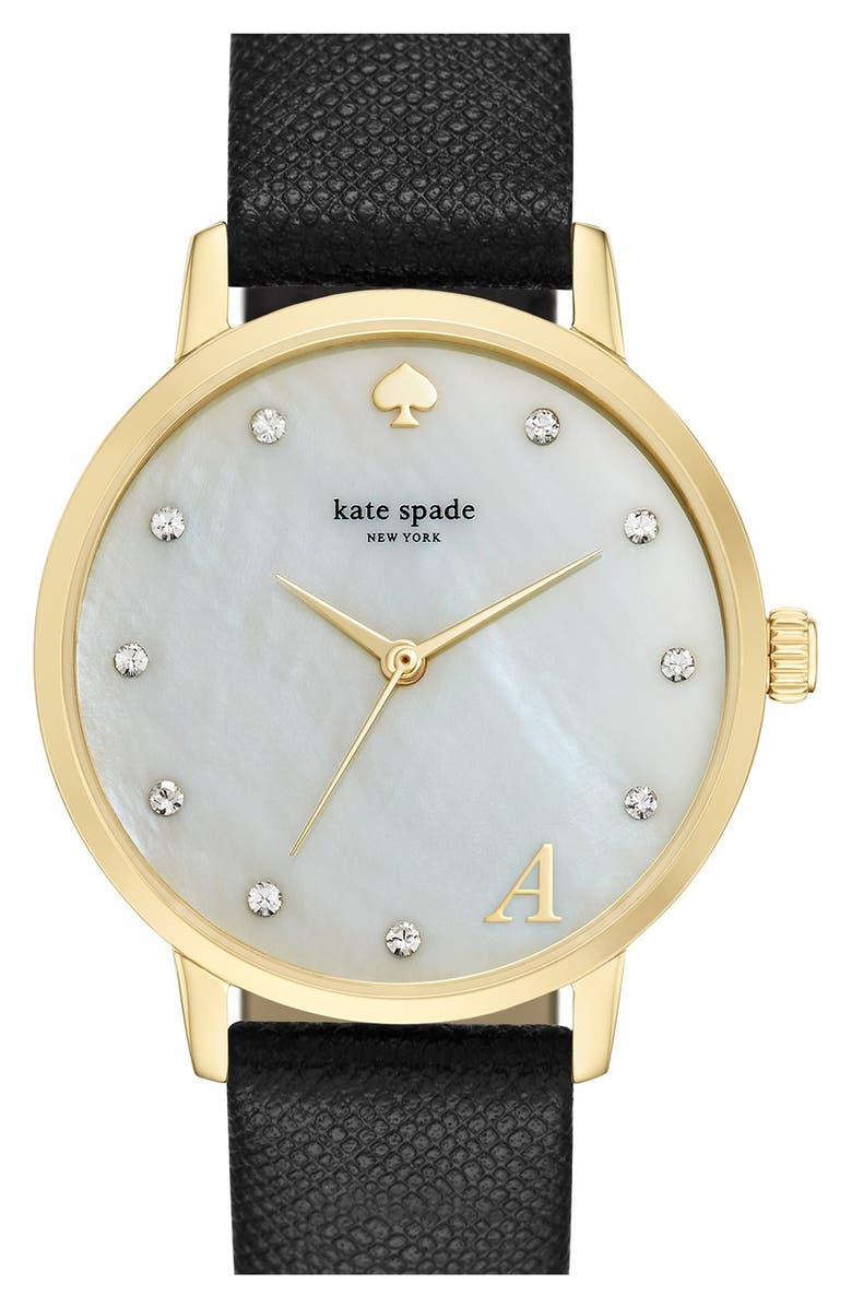 Kate Spade New York 'metro - monogram' leather strap watch, 34mm, Main, color, 