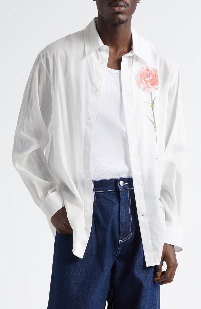 Simone Rocha Carnation Print Easy Cotton Voile Button-Up Shirt, Main, color, 