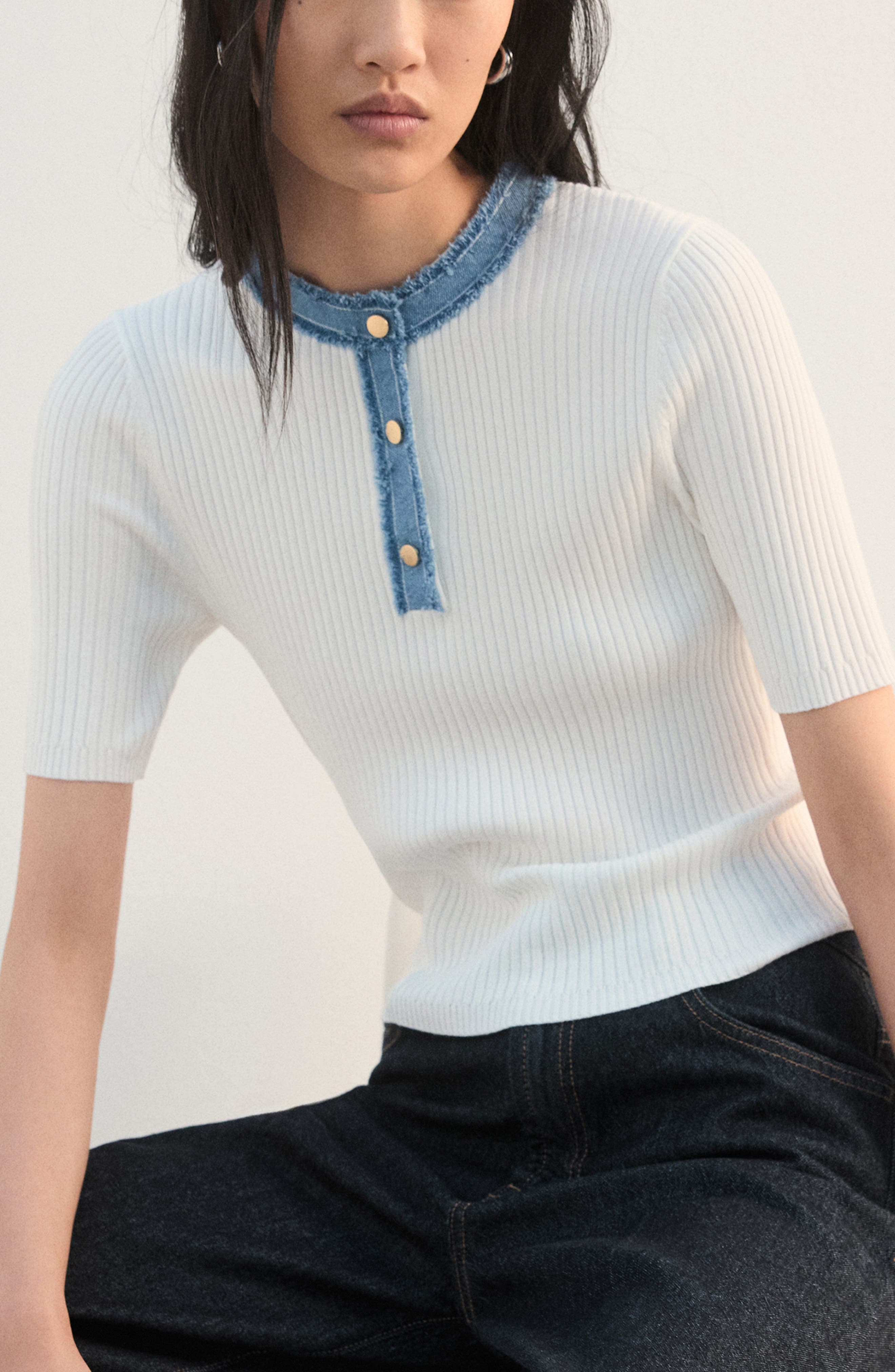 Contrast Collar Half Button Short Sleeve Sweater