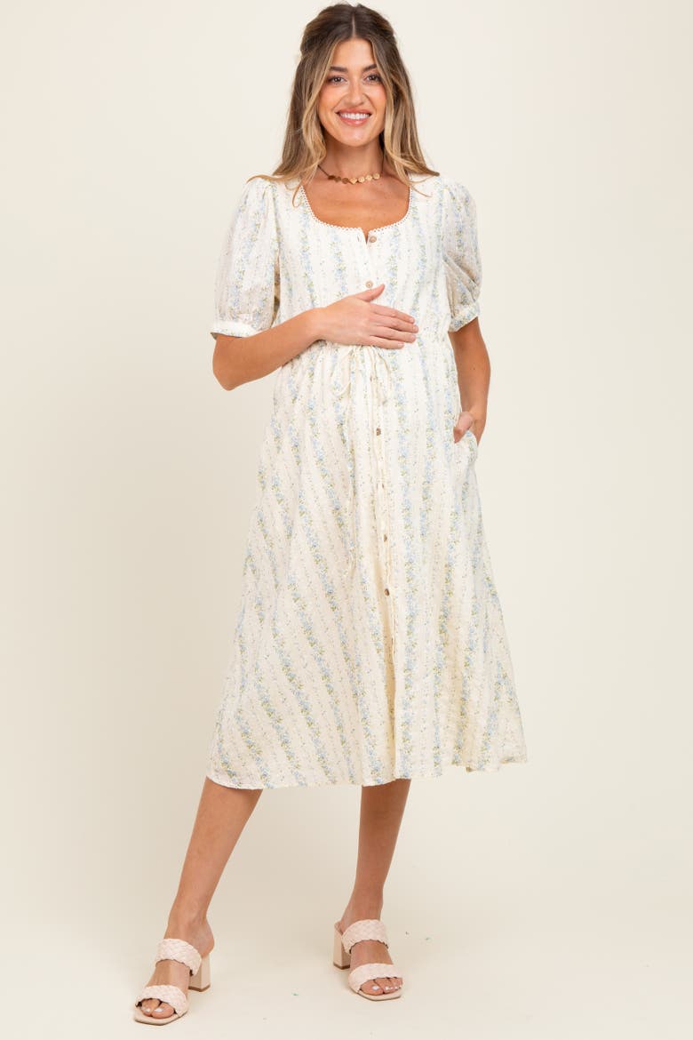 Swiss Dot Floral Print Button Down Midi Dress, Alternate, color, Light Blue