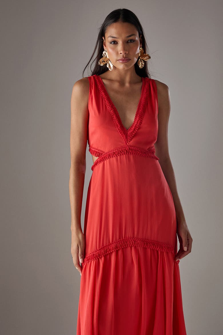 Chiffon Fringe Trim Cut Out Maxi Dress, Alternate, color, Red