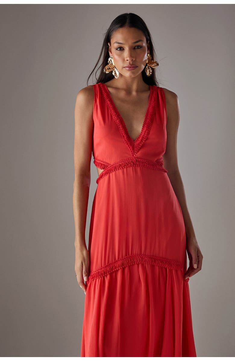 Warehouse Chiffon Fringe Trim Cut Out Maxi Dress, Alternate, color, Red
