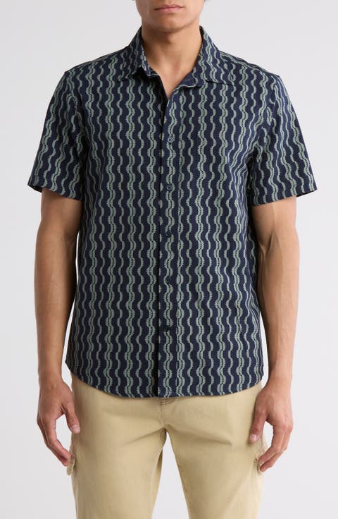 Stripe Cotton Seersucker Short Sleeve Button-Up Shirt