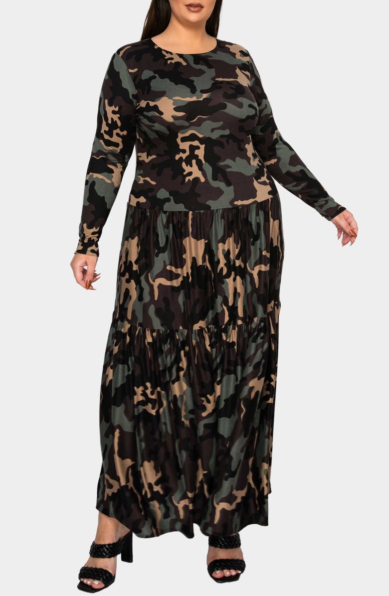 L I V D Silvestra Camo Long Sleeve Maxi Dress, Main, color, Khaki Charcoal