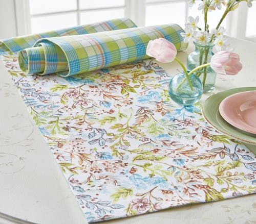 Tag 14.5" X 72" Meadow Runner Reversible Hand Screen Printed Floral Design And Plaid Backing Table H In Multi
