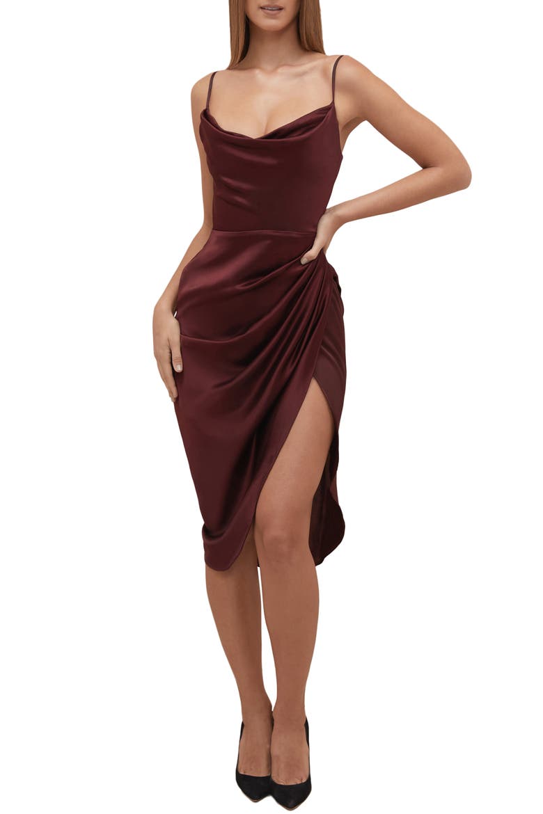 Reva Satin Gathered Corset Dress, Main, color, BROWN