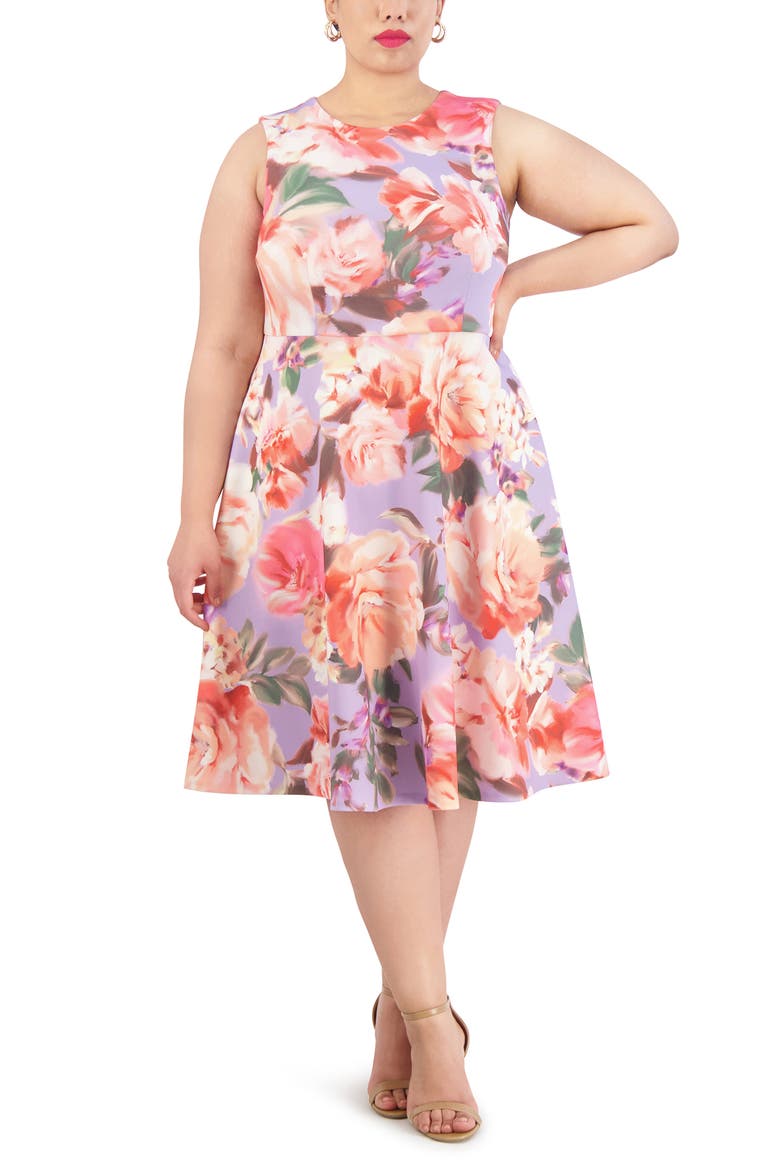 Floral Sleeveless Fit & Flare Scuba Dress, Alternate, color, LAVENDER
