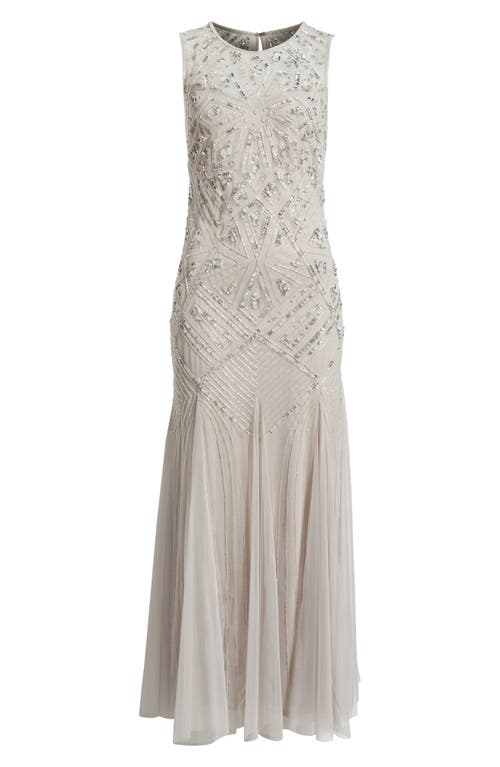 Pisarro Nights Geometric Beaded Sleeveless Gown In Silver