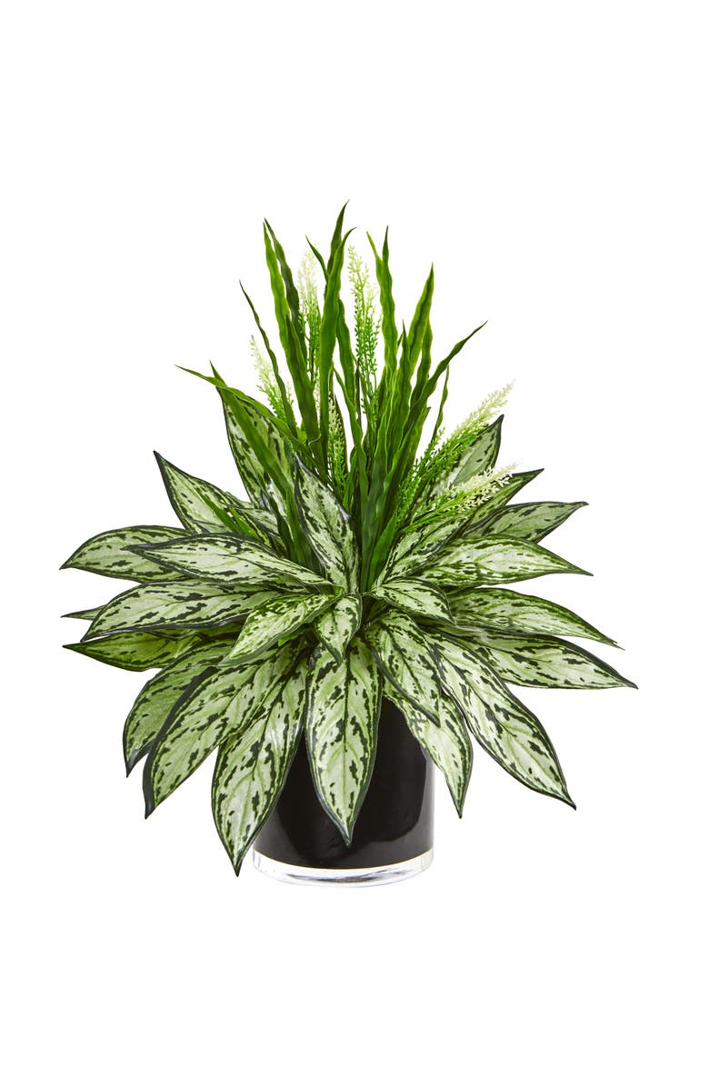 NEARLY NATURAL Silver Queen and Grass Artificial Plant in Black Vase, Main, color, Green