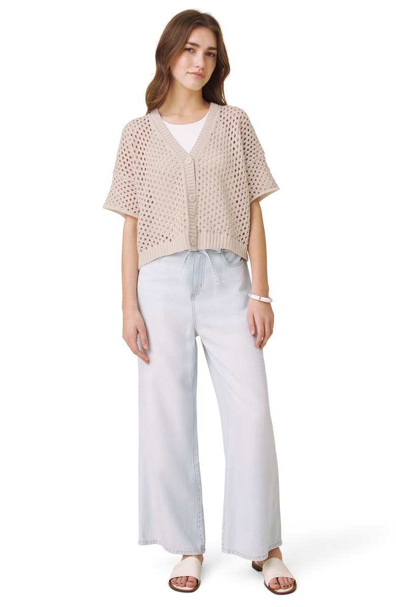 Splendid Nova Short Sleeve Cotton Pointelle Cardigan, Alternate, color, Light Fawn Beige